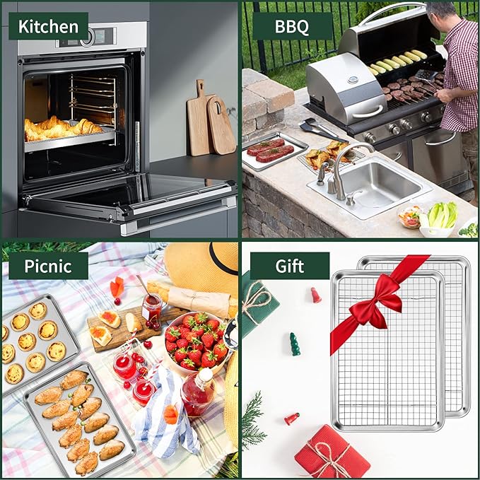 CEKEE 4 PCs Small Baking Sheet With Wire Rack Set [2 Pans + 2 Cooling Racks], 10 Inch Stainless Steel Tray - Rust & Warp Resistant, Easy Clean