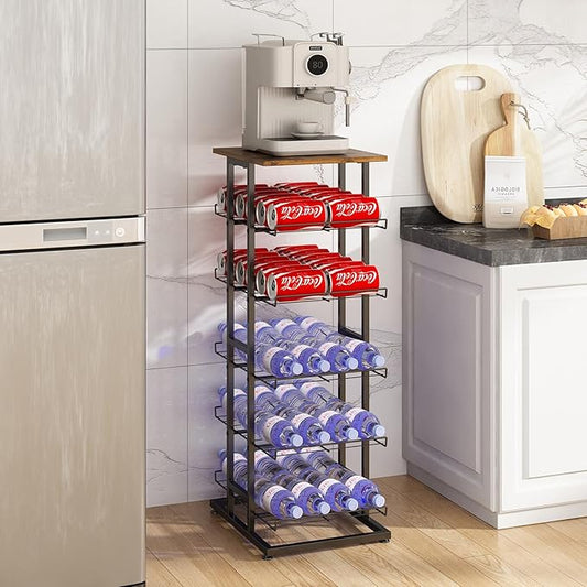GILLAS 6 Tier with Wooden Top Water Bottle Storage with Wooden Tabletop,Metal Beverage Can Rack,Large Capacity Bottled Rack Water Bottle Holder Stand for Cabinet,Countertop Kitchen,Party,Black
