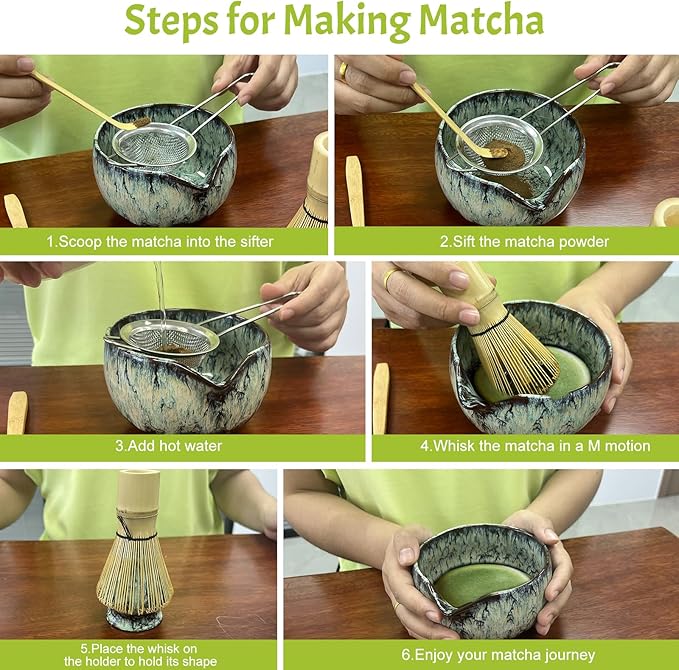 Matcha Whisk Set 6 pc Kit - Traditional Japanese Chasen, Bamboo Whisk Holder, Ceramic Bowl with Spout, Sifter & 2 pc Spoons - matcha kit set, Gift for Matcha Tea Lovers(Quenching Blue)