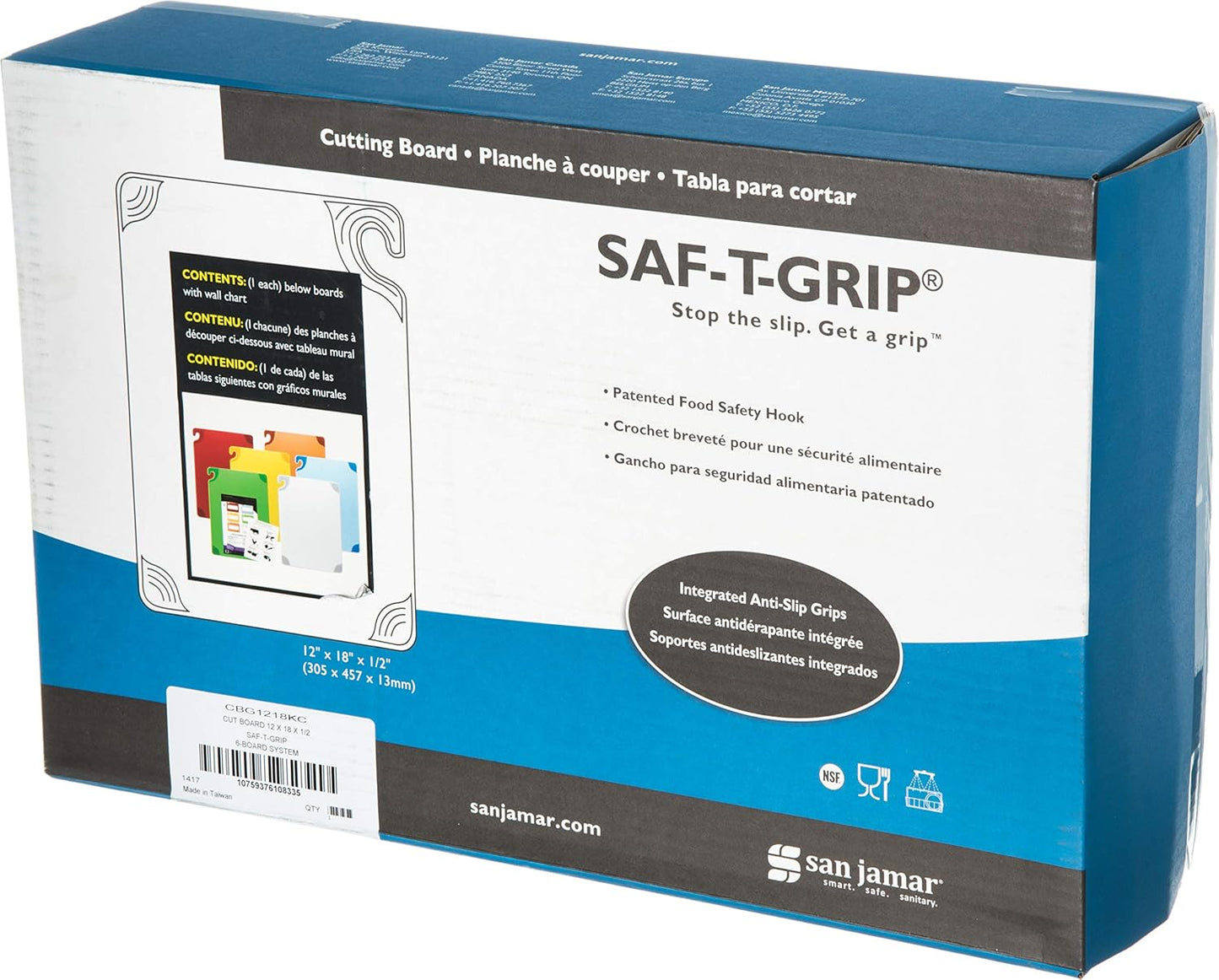 San Jamar Saf-T-Grip Plastic Cutting Board With Safety Hook, 12" x 18" x 0.5", Assorted Colors, (Set of 6)