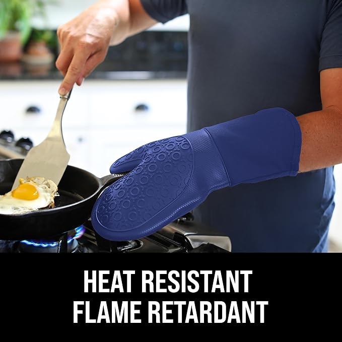 BPA-Free Soft Silicone Oven Mitts - Ultra Heat Resistant Oven Mitts with Thick Cotton Liner - Long Slip Resistant Pot Holders, Flexible Oven Gloves - Royal Blue 13.7"