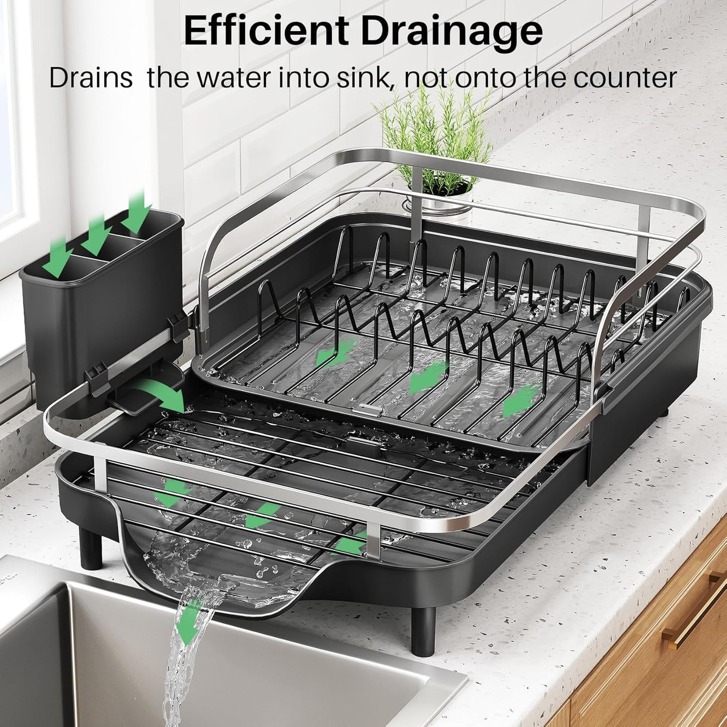 SNTD Dish Drying Rack, Expandable Dish Rack for Kitchen Counter, Stainless Steel Dish Drainer with Drainboard Set and Utensil Holder (Black)