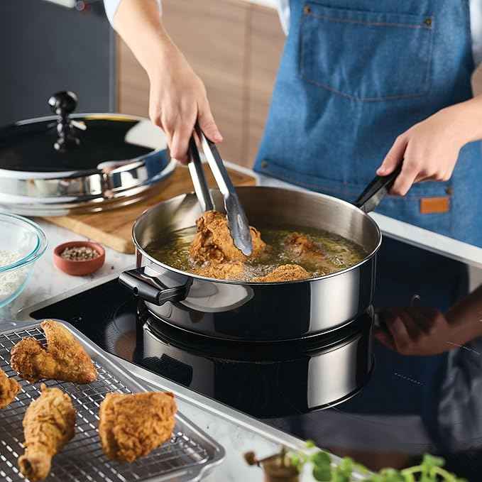 Farberware Classic Series Anniversary Edition Stainless Steel Sauté Pan and Lid with Helper Handle, Induction Suitable, 6 Quart Jumbo Cooker, Metal Utensil Safe - Stainless Steel