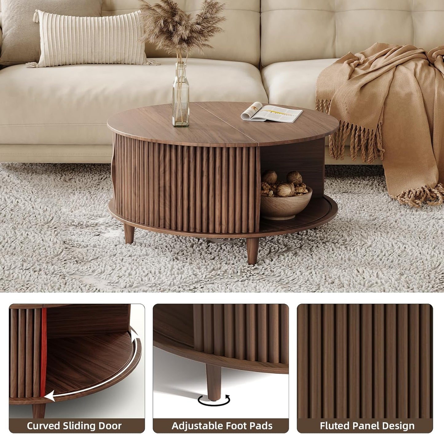 Round Coffee Table with Storage,31.5" Mid Century Modern Coffee Table with Hidden Compartment,Fluted Center Table for Living Room,Home Small Space,Walnut