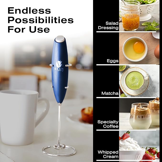 Bean Envy Milk Frother, Coffee Stirrers, Frother Wand, Milk Frother Handheld, Frother with stand, Hand Blender for Coffee, Lattes, Cappuccino, Matcha and Hot Chocolate – Kitchen Gifts - Blue