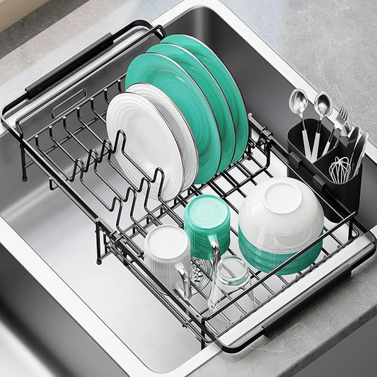Urackify Dish Drying Rack in Sink - Expandable (14.5''-18''L) Over The Sink Dish Rack with Utensil Holder, Space-Saving Dish Drainer for Kitchen Counter, 1 Piece, Matte Black