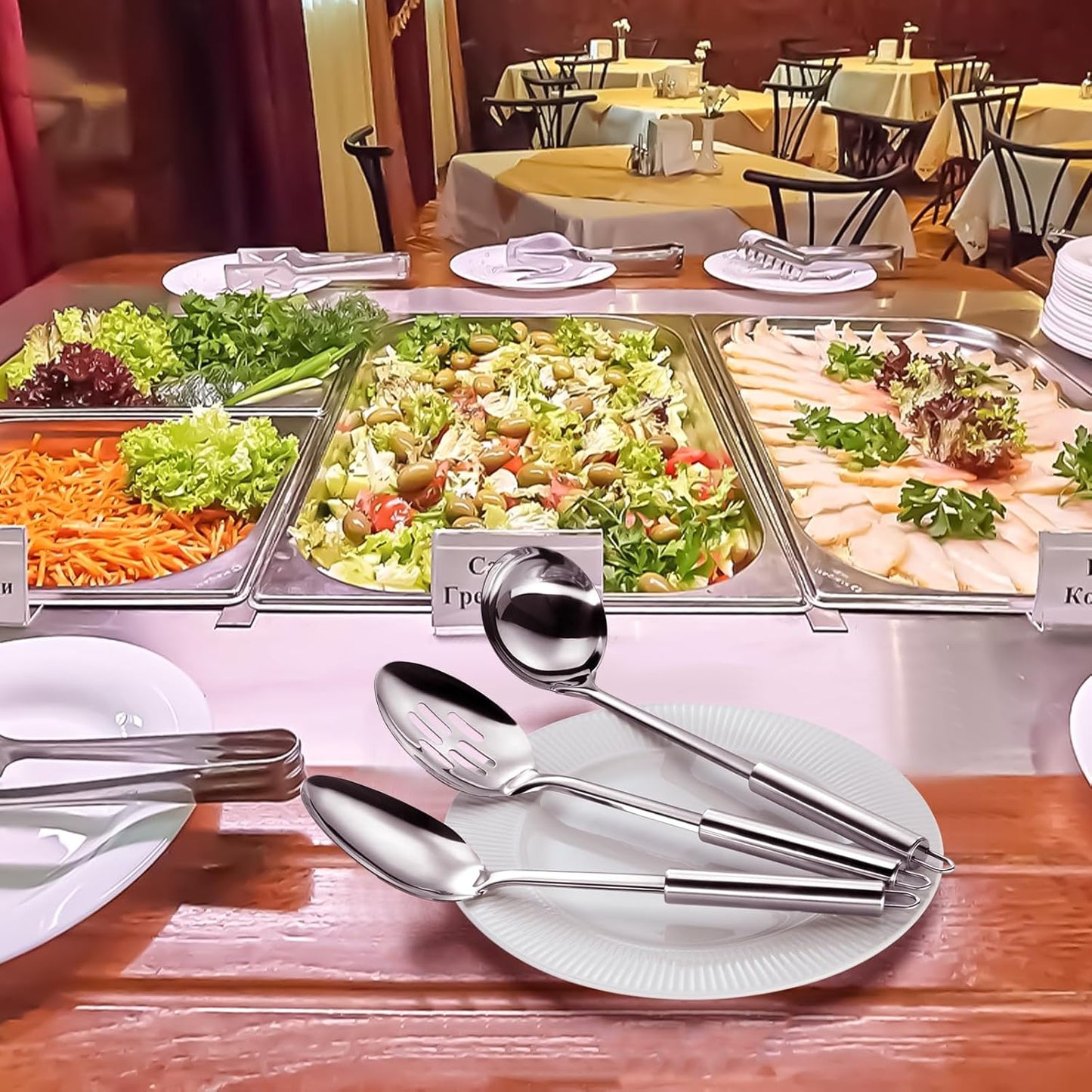 Pleafind Serving Utensils Set for Parties,3-Piece Silver Stainless Steel utensils set,Includes 1 Serving Spoon, 1 Slotted Spoon and 1 Soup Ladle,Serving Spoons for Buffet