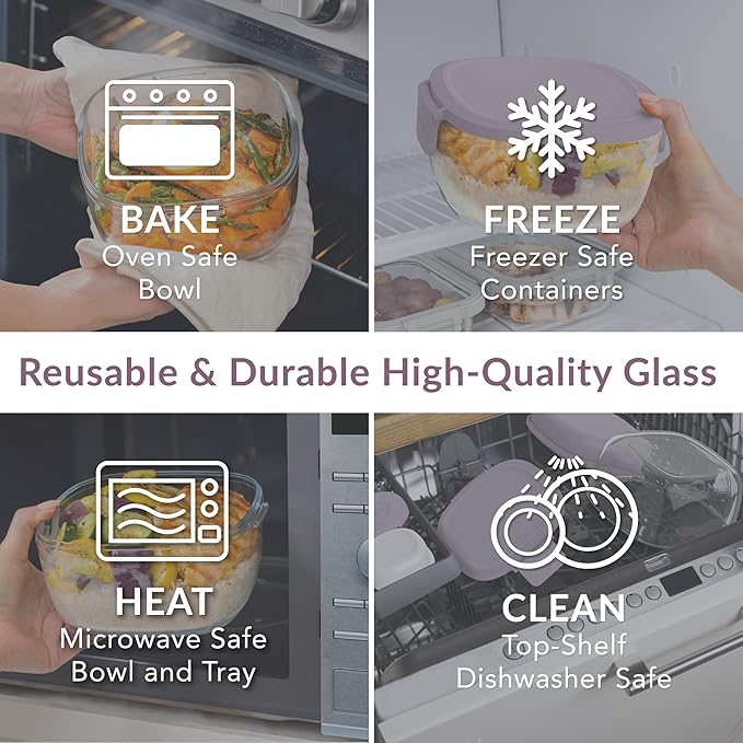 Bentgo Glass All-in-One Salad Container - Large 61-oz Salad Bowl with Lid, 4-Compartment Bento-Style Tray, 3-oz Sauce Container, and Reusable Fork - Dishwasher, Microwave, and Oven Safe (Lavender)