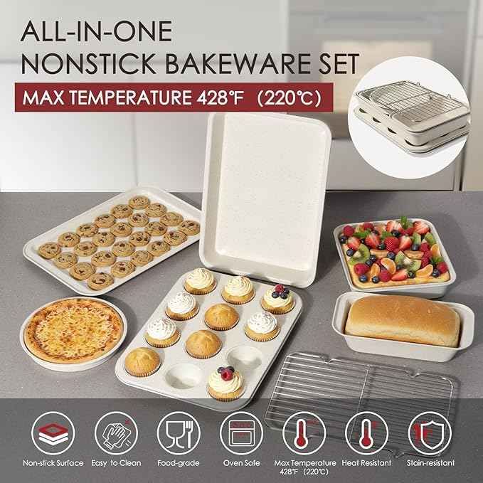 Kikcoin Pots and Pans Set Non Stick 31 Piece Kitchen Nonstick Cooking Cookware Sets with Grill Pan Saucepan Baking Sheet Utensil, Cream White