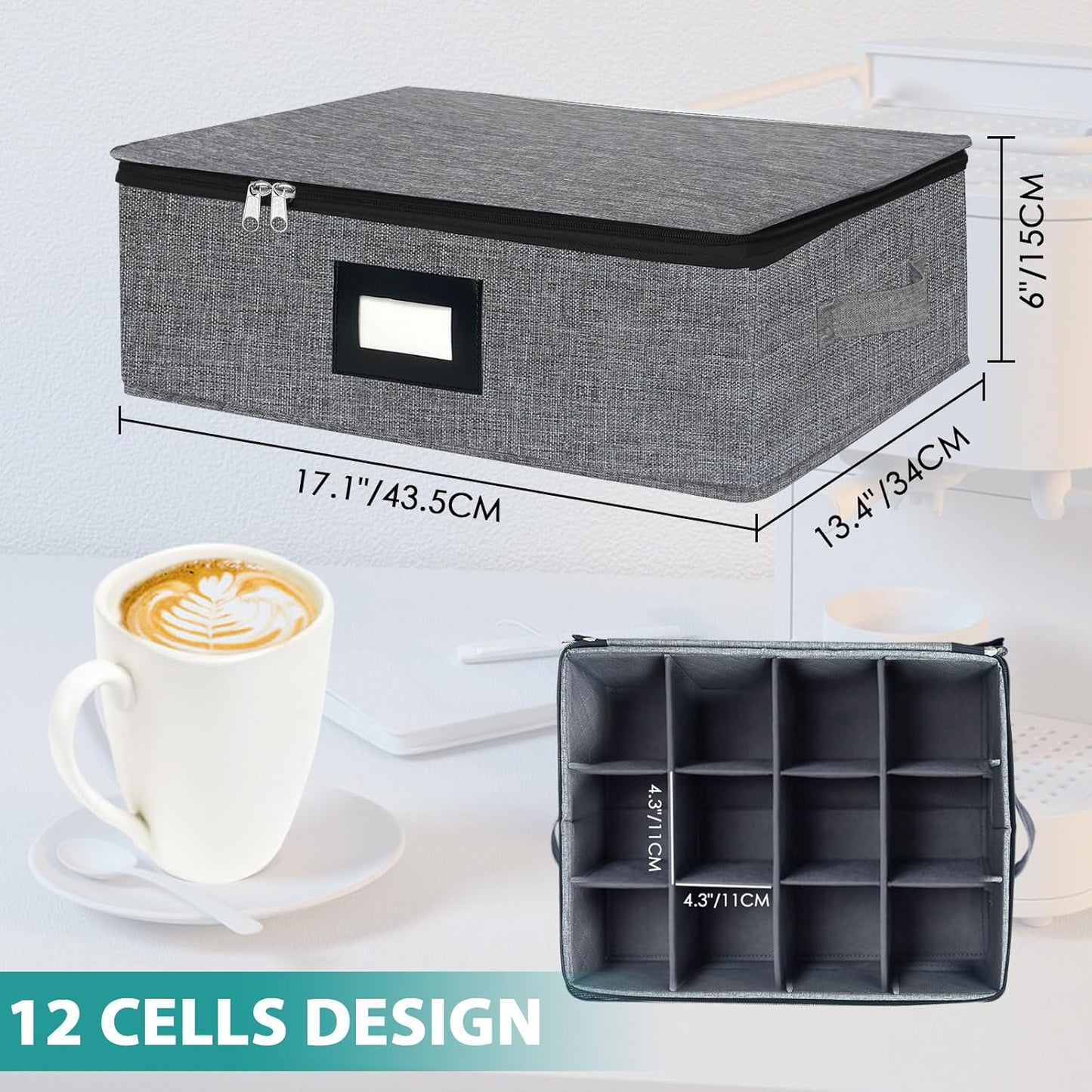 VERONLY Mug and Cup Storage Box with Dividers, Coffee Mug Storage Case China Storage Containers Hard Shell with Lid and Handles, Stackable for 12 Coffee Mugs, Tea Cups, Moving & Packing (Dark Grey)