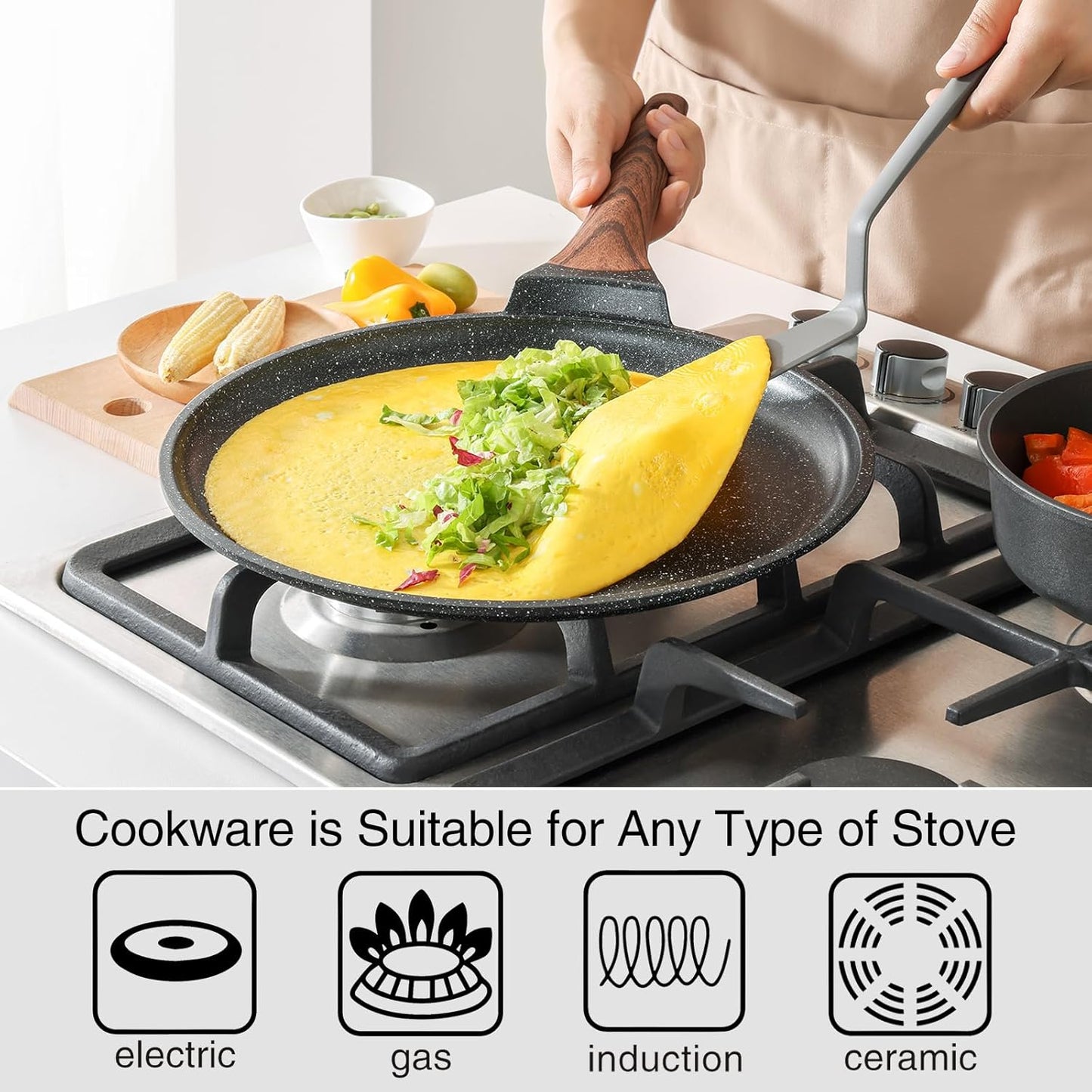 Crepe Pan Nonstick, 12 Inch Dosa Pan with Spreader, Granite Coating Comales Para Tortillas Pancake Pan, Flat Pan for Stove Top, Induction Compatible, PFOA Free