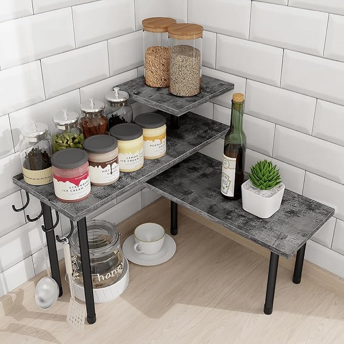 Homode Kitchen Countertop Organizer, 3 Tier Corner Shelf Bathroom Counter Organizer, Wooden Counter Shelf Stand Space Saver, Easy Assembly, Rustic Grey