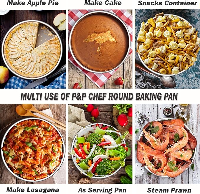 P&P CHEF Cake Pan Set of 4, Stainless Steel Baking Round Cake Pans Tins Bakeware for Birthday Wedding, Leak-proof & Easy Clean, Mirror Finish & Easy Releasing, 9.5 Inch