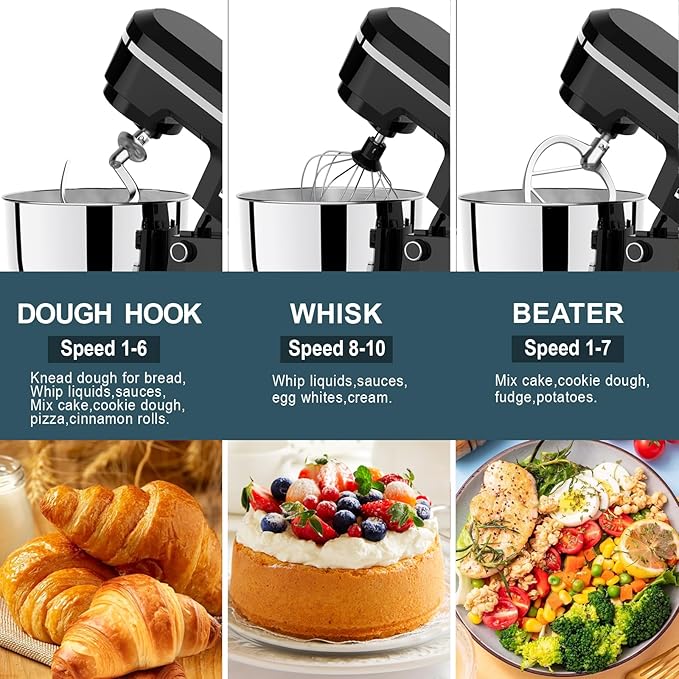 Electric Stand Mixer with 6.5QT Bowl with Handle, Kitchen Mixer with Tilting Head for Bread Dough and Cake with Dough Hook, Whisk, Splash Guard and Egg Separator (Black)