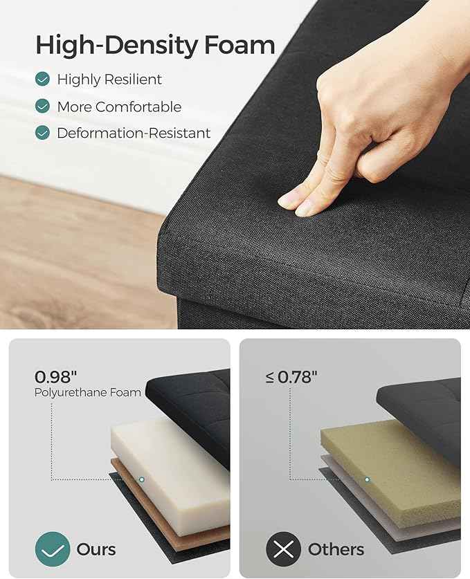 SONGMICS MAZIE Collection - 43 Inches Folding Storage Ottoman Bench, Ottoman Foot Rest, End of Bed Bench, Storage Chest, Load 660 lb, for Living Room, Bedroom, Entryway, Ink Black ULSF077B01