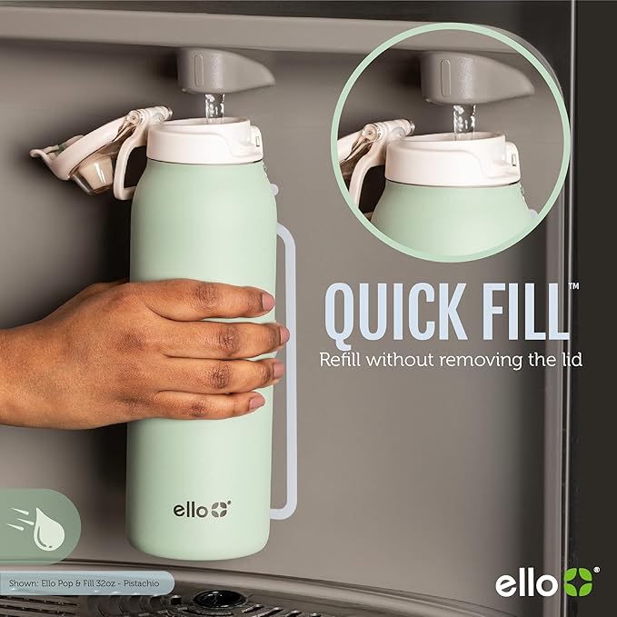 Ello Pop & Fill 32oz Stainless Steel Water Bottle with Quick Fill Technology, Double Walled and Vacuum Insulated Metal, Leak Proof Locking Lid, Sip and Chug, Reusable, BPA Free, Halogen Blue