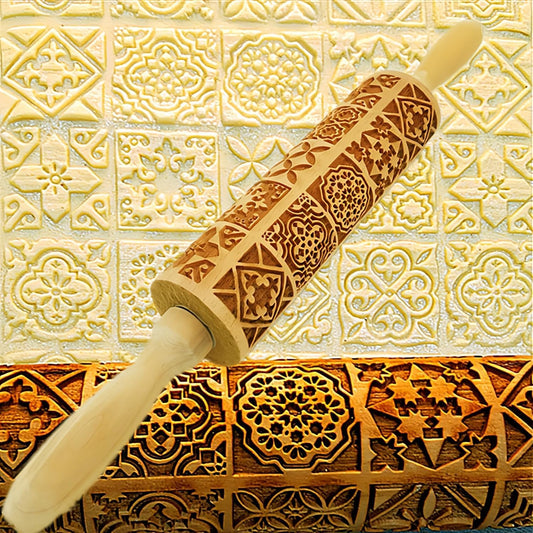 Christmas Wooden Rolling Pin for Baking,Engraved Embossing Rolling Pin Cookie Stamps Roller Square Grid Cookies Mold Kitchen Decor Tools for Kids Adults(Window Grilles)