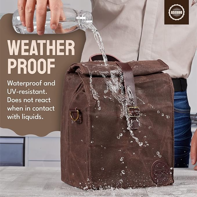 ASEBBO Insulated Lunch Bag 10L Sturdy Waxed Canvas Lunch Box for Men and Women, Leakproof Insulated Cooler Bag for Work Picnic Hiking, Lunchbox for Adults with Shoulder Strap (Brown)