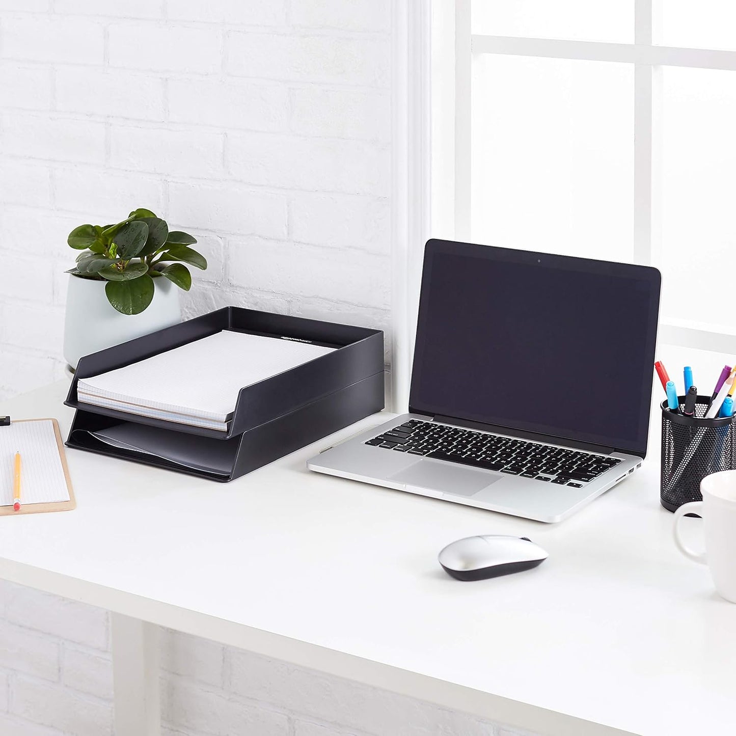 Amazon Basics Rectangular Plastic Desk Organizer, letter size Tray, 2-Pack, 9.7 x 2.2 x 13 inches, Black
