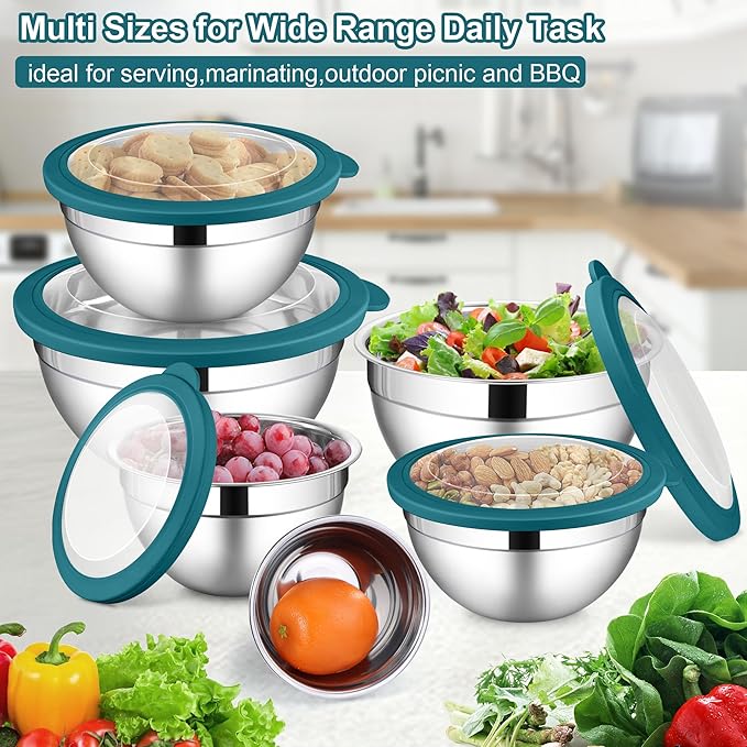 LIANYU Stainless Steel Mixing Bowls, 6 Packs Deep Metal Nesting Bowls Set for Baking Cooking Serving Prepping, Large& Small 7, 3.5, 2.5, 2, 1.5, 1QT Size, Include Visible Airtight Lid, Dark Blue