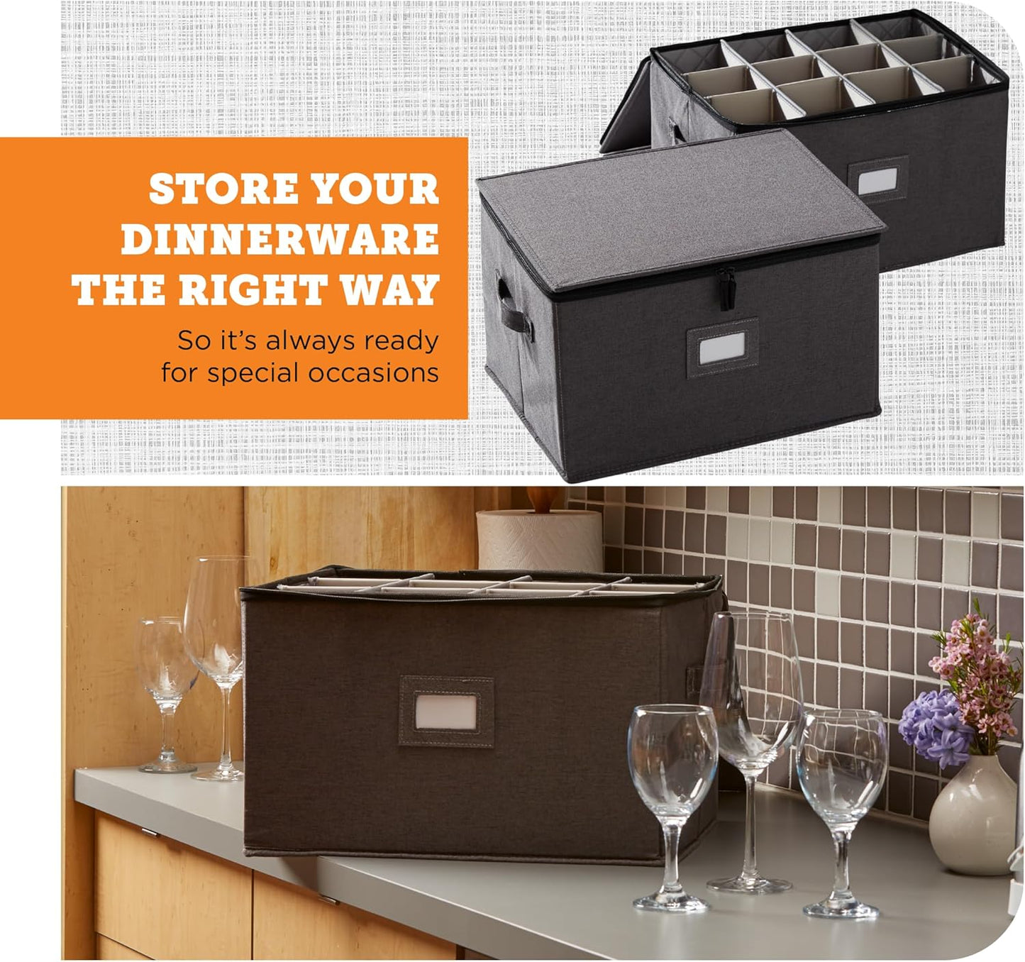 storageLAB Wine Glass Storage Containers, Hard Shell Organizer for Stemware and Glassware Sets, Stackable Wine Glass Storage Box with Dividers for Kitchen and Moving Supplies - 2 Pack Set, Gray
