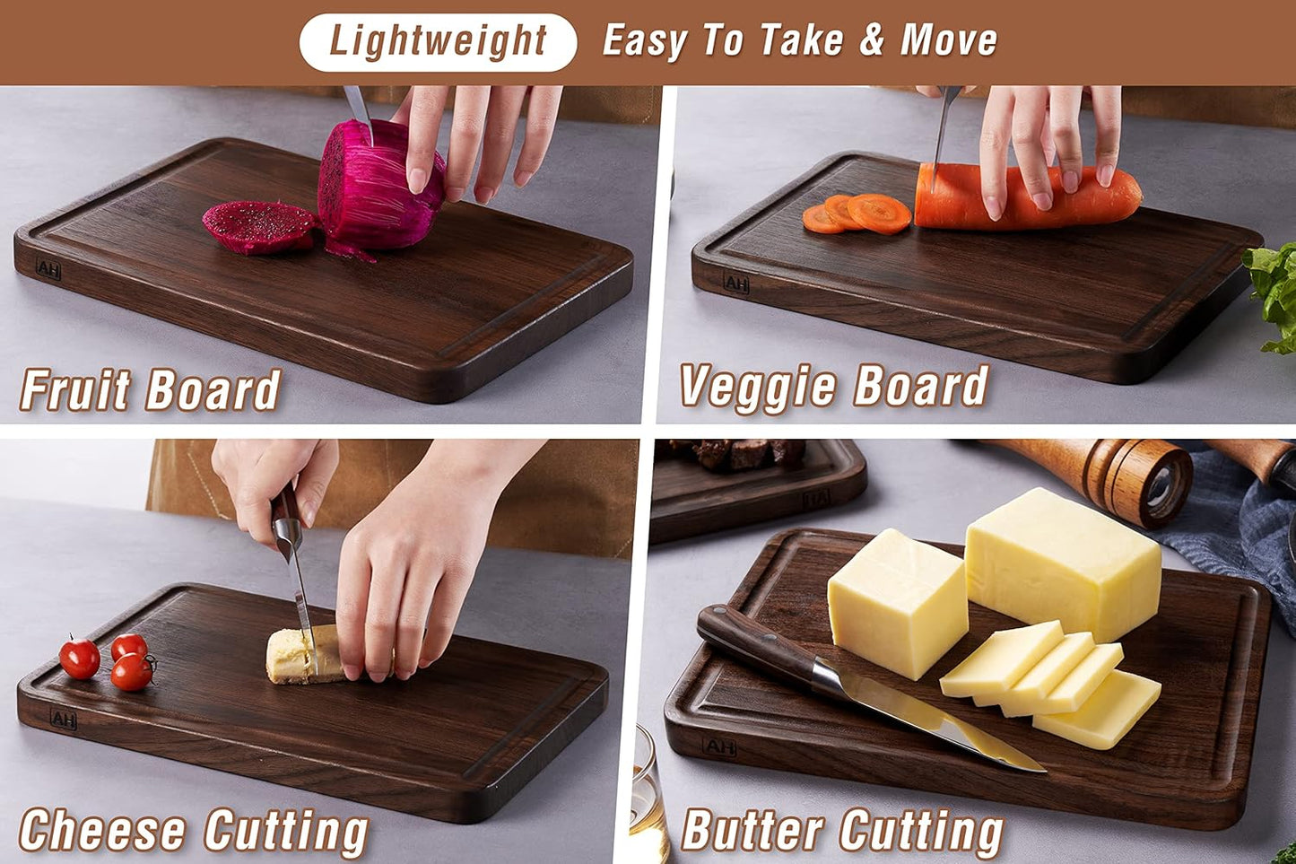 AZRHOM Small Walnut Wood Cutting Board for Kitchen 12x8 in (Gift Box) with Juice Groove Handles Non-slip Mats Thick Reversible Butcher Block Chopping Board