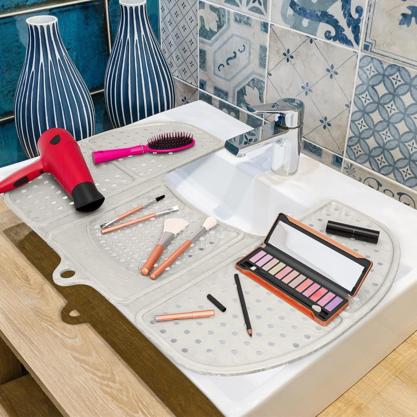 Sink Topper Bathroom Counter Cover & Storage Saver, Foldable Silicone Mat for Hot Tools, Hair Styling & Makeup, Beauty Brush Cleaning Mat, RV Camper Sink Cover & for Small Spaces (Large Pearl)