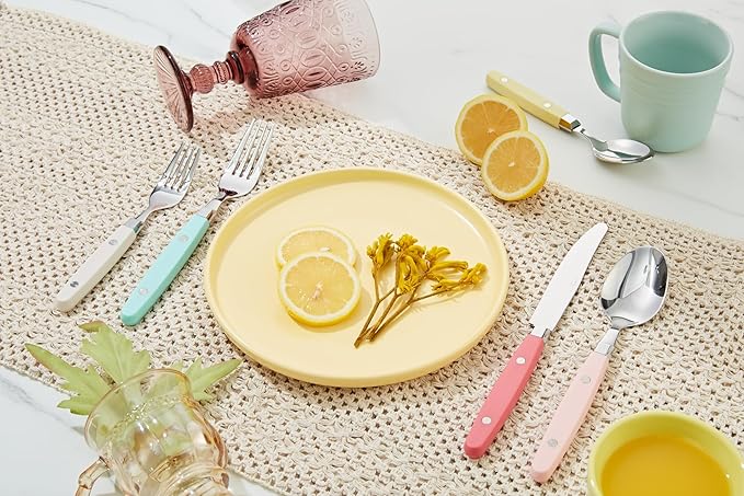 ANNOVA Silverware Set, Retro/Rivet Colorful Stainless Steel Tableware Kitchen Flatware Set Utensils, Includes Dinner Knives, Forks, Spoons, Salad Forks & Dessert Spoons (Pastel Mix, 20 Pieces)