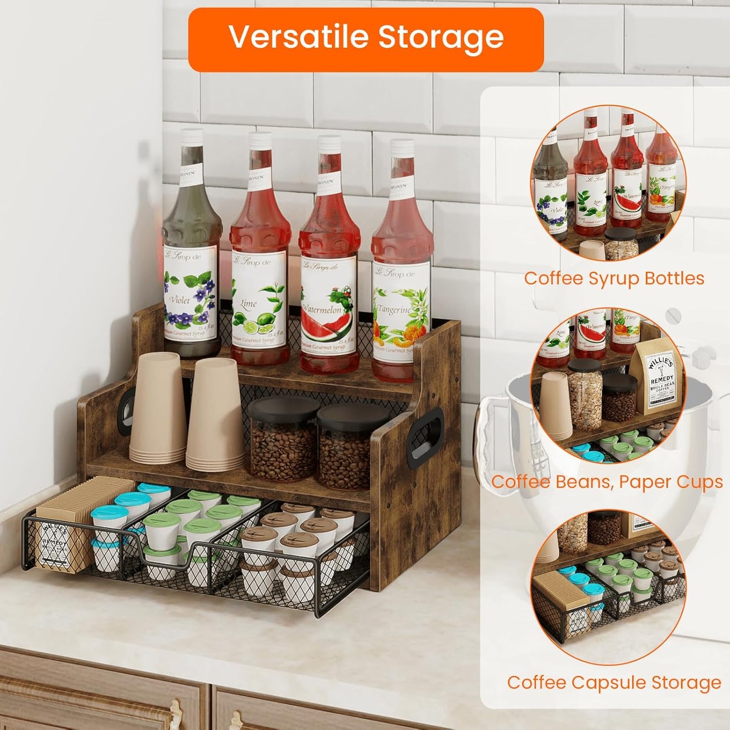 Homode Coffee Syrup Rack Organizer, 3-Tier 8 Bottles Syrup Holder Stand with 35 K Cup Storage Basket Drawer for Coffee Bar, Wood Liquor Shelf Wine Rack Countertop for Home, Rustic Brown