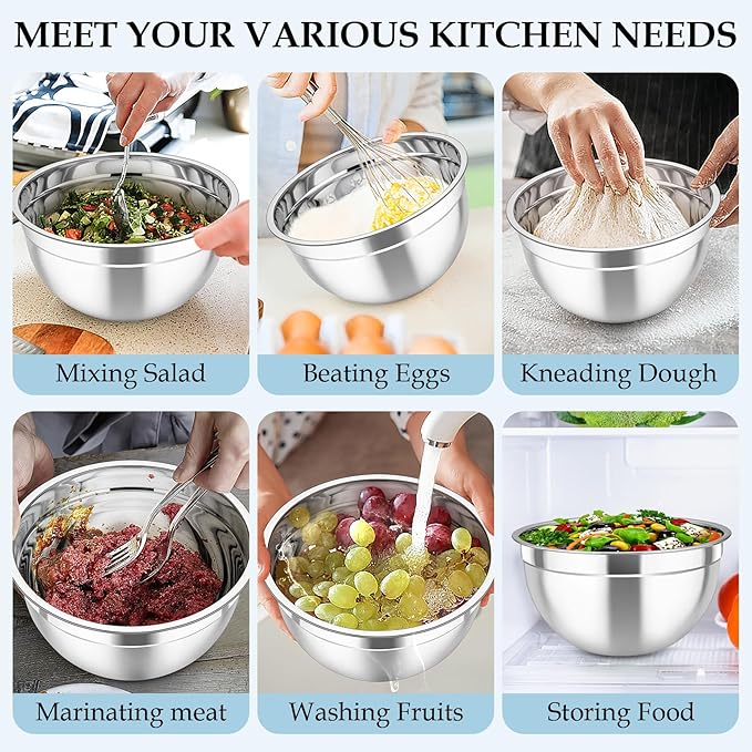 TeamFar Mixing Bowls Set of 6, Stainless Steel Nesting Mixing Salad Bowl with 3 Grater Attachments, for Food Cooking Prepping Storing, Black - Size 4.6/2.6/2 / 1.5/1 / 0.7 QT