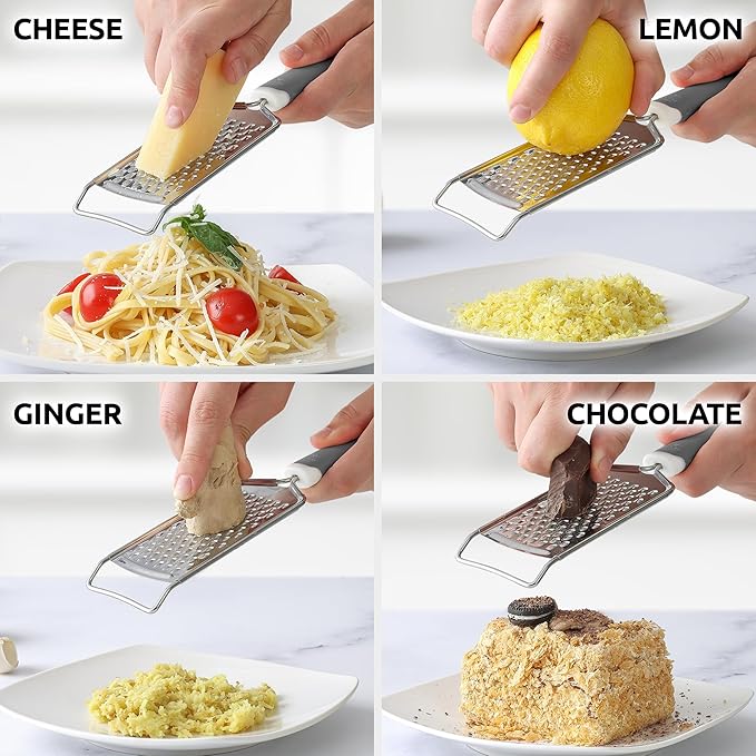 Zulay Kitchen Professional Cheese Grater Stainless Steel - Durable Rust-Proof Metal Lemon Zester Grater With Handle - Flat Handheld Grater For Cheese, Chocolate, Spices, And More - Grey