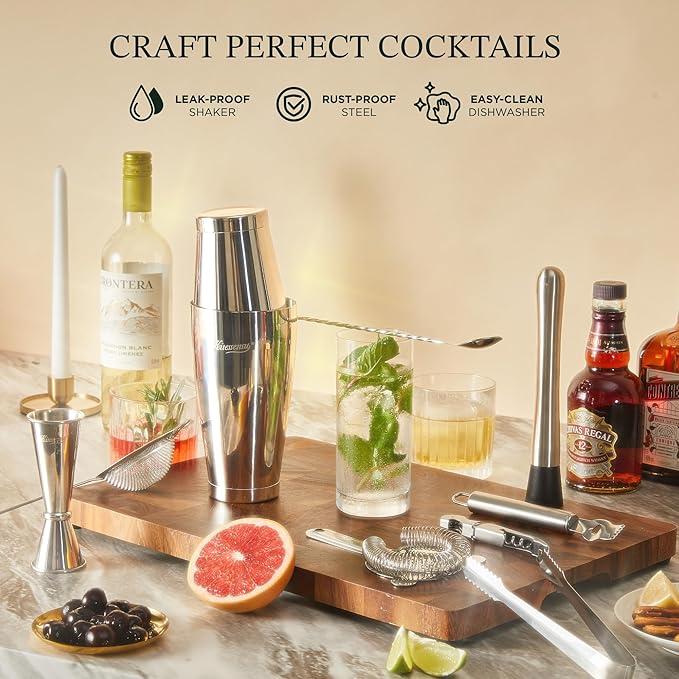 KITESSENSU Boston Shaker Set Mixology Bartender Kit | Premium Cocktail Shaker Kit with Stand Professional Home Bar Tools Accessories: Martini Shaker, Citrus Tools, Fine Mesh Strainers, Muddler, Jigger