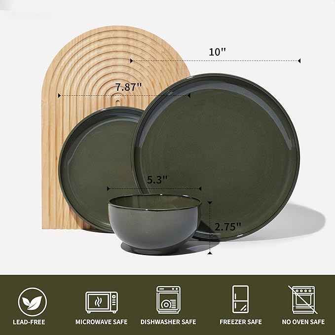 24 Piece Dinnerware Set for 8, Santorini Mist Terracotta Plates and Bowls Sets, Complete Stoneware Dish Set for Large Families and Entertaining, Microwave & Dishwasher Safe, Blackish Green