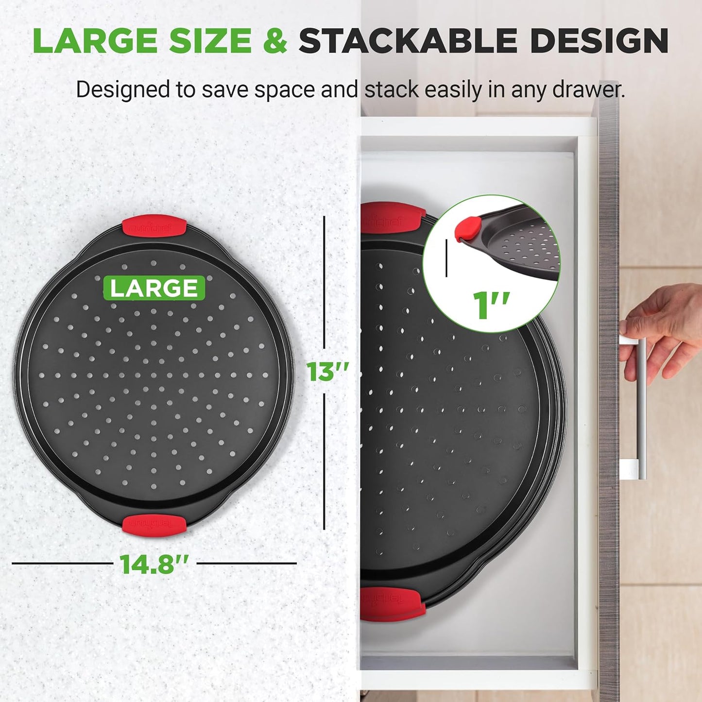 NutriChef 2-Piece 13-Inch Nonstick Pizza Tray, Round Carbon Steel Non-Stick Pizza Baking Pan with Perforated Holes, Premium Bakeware Pizza Screen with Silicone Grip Handles, Dishwasher Safe, NCBPIZX2