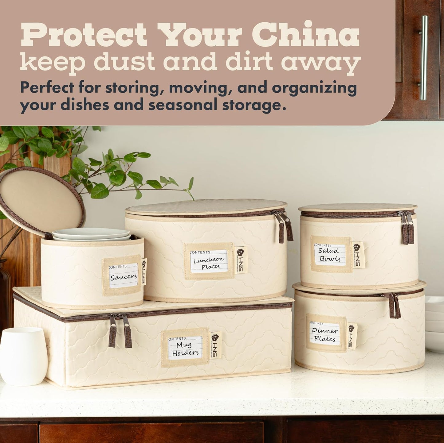 Hard Shell China Storage Containers 5-Piece Set Moving Boxes for Dinnerware, Glasses, Plates, Mugs and Saucers Sturdy Dish Organizer with Dividers for Seasonal Storage - Service for 12 - Beige Quilted