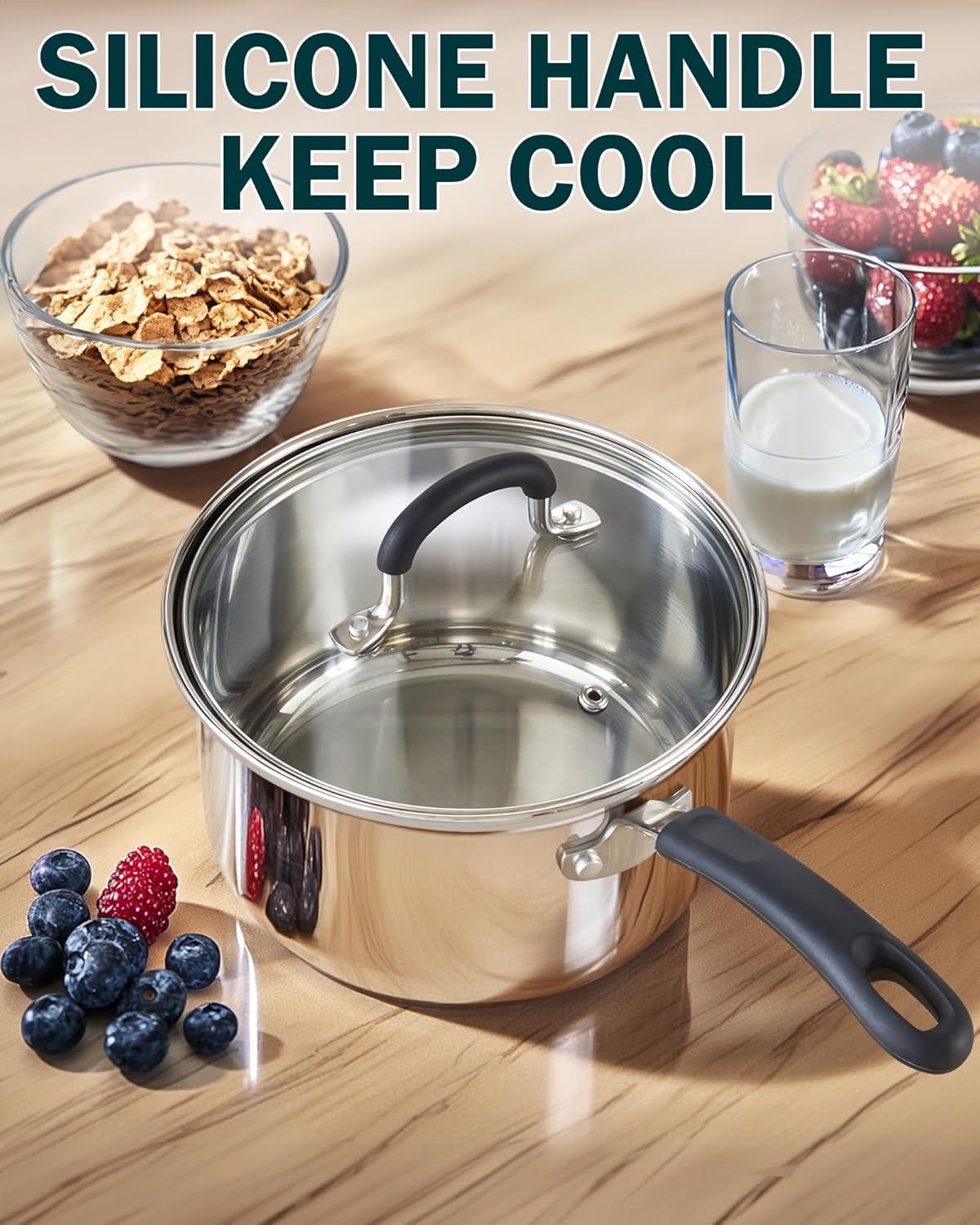 Cook N Home Saucepan Sauce Pot with Lid 3 Quart Stainless Steel, Stay Cool Handle, silver
