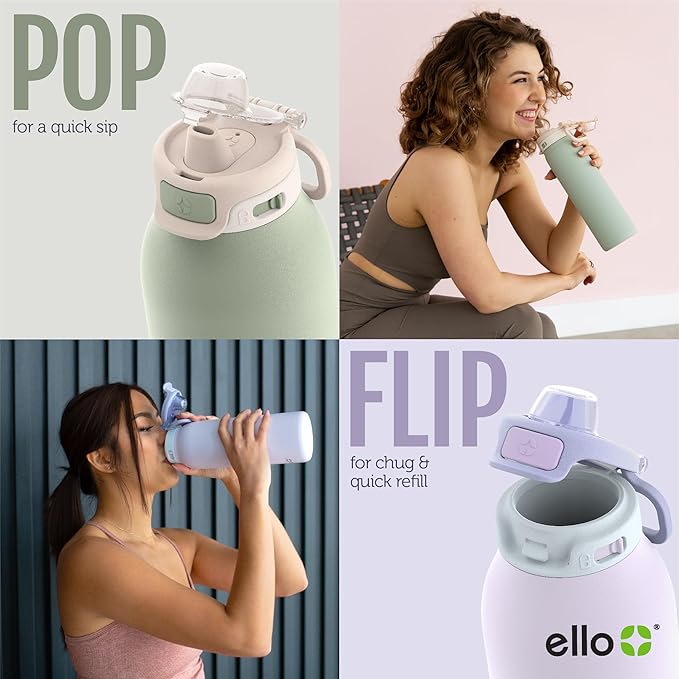 Ello Pop & Fill 22oz Stainless Steel Water Bottle with Quick Fill Technology, Double Walled and Vacuum Insulated Metal, Leak Proof Locking Lid, Sip and Chug, Reusable, BPA Free, Tonal Cream