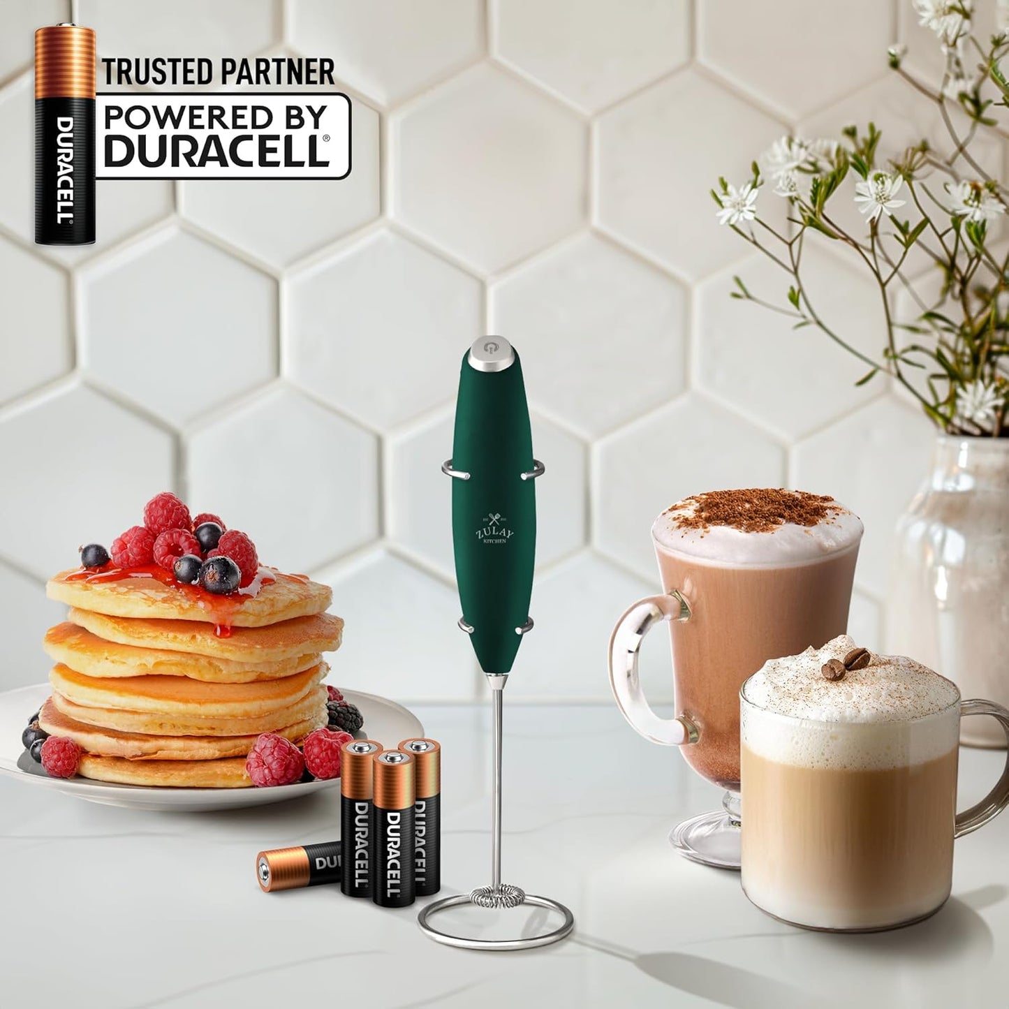 Zulay Kitchen Powerful Milk Frother Wand With 4 AA Duracell Batteries - Ultra Fast Handheld Drink Mixer - Electric Whisk Foam Maker for Coffee, Lattes, Cappuccino, Matcha & Creamer -