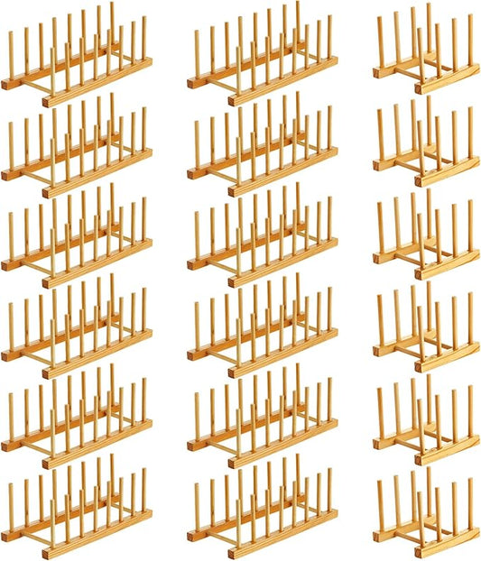Zopeal 18 Pcs Bamboo Wooden Plate Racks Dish Rack Stand Holder 3/6/ 7 Slots Drainboard Drying Drainer Kitchen Cabinet Organizer for Dish Plate Bowl Cup Pot Lid Book
