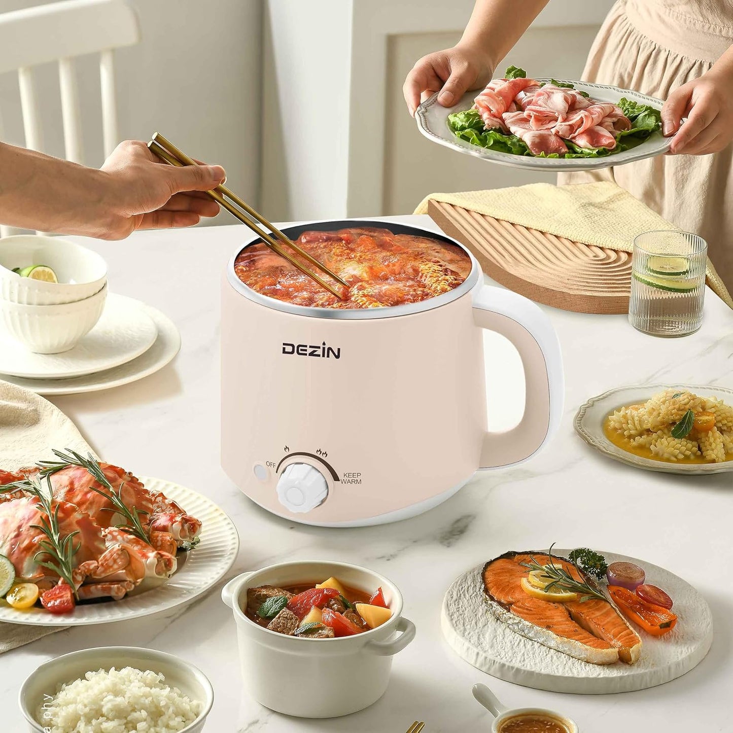 Dezin Electric Pot, 1.6L Ramen Cooker, Hot Pot Electric Stainless Steel, Multifunctional Cooker for Egg, Pasta, Soup, Porridge, Oatmeal with Temperature Control and Keep Warm Function