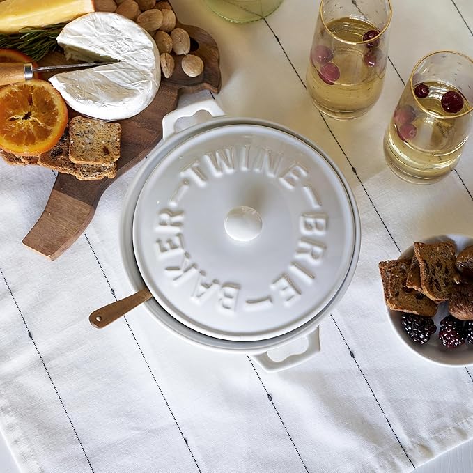 Twine Ceramic Brie Baker with Acacia Wood Spreader, Brie Baking Dish with Lid, Brie Cheese Baking Dish, Ceramic Bakeware, White, Set of 1