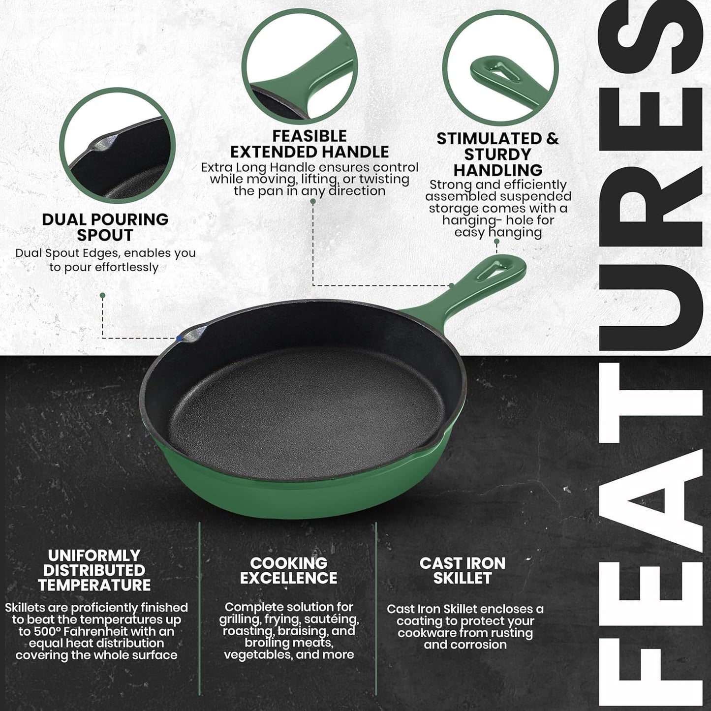 Utopia Kitchen Cast Iron Frying Pan 6.5 Inch, Cast Iron Chefs Pan, Pre Seasoned Skillet, Safe Grill Cookware for Indoor & Outdoor Use, Green