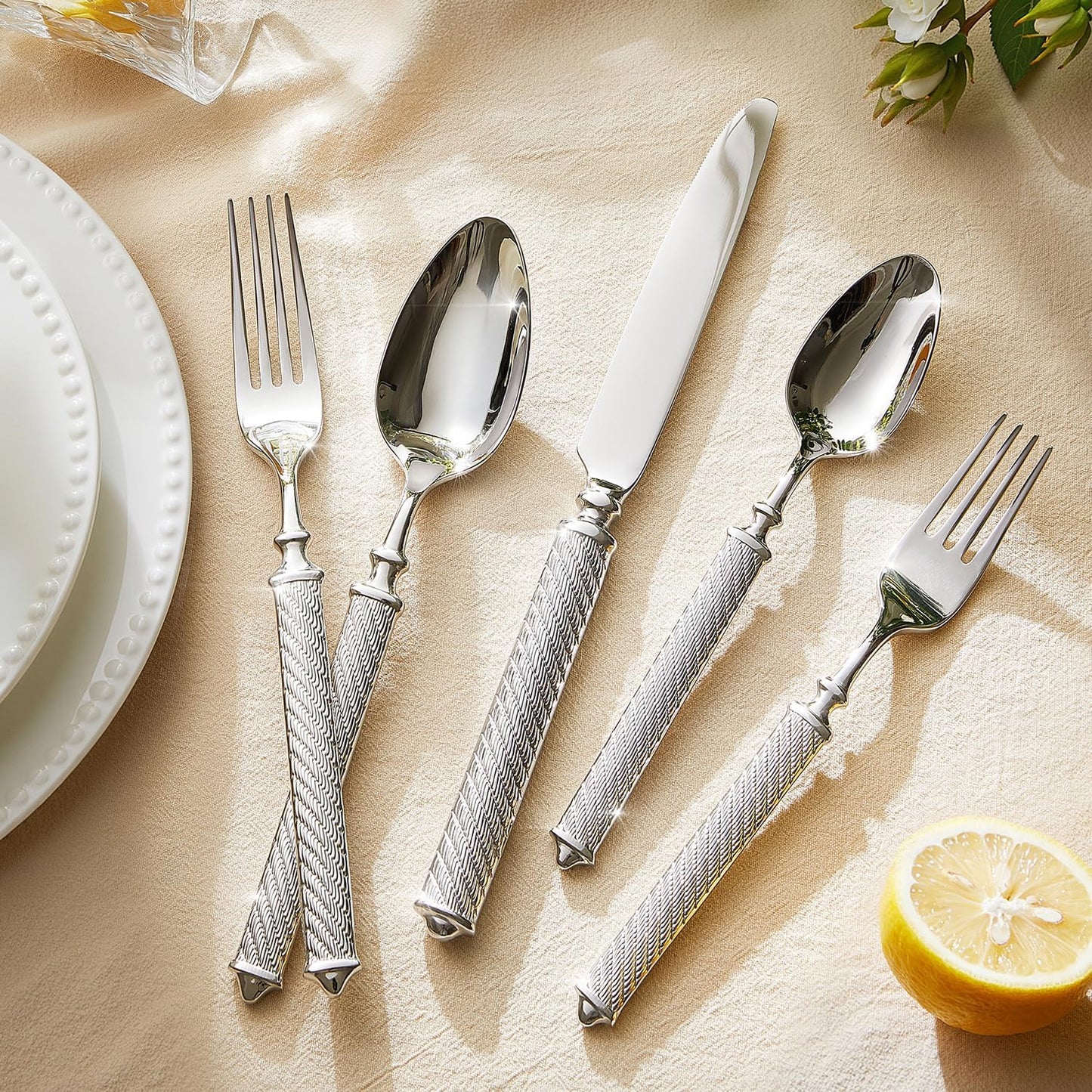 KINGSTONE Retro Rope-Pattern Silverware Set, 5-Piece Flatware Set Cutlery Set Forged with Handcrafted Texture Handles 18/10 Stainless Steel, Dishwasher Safe
