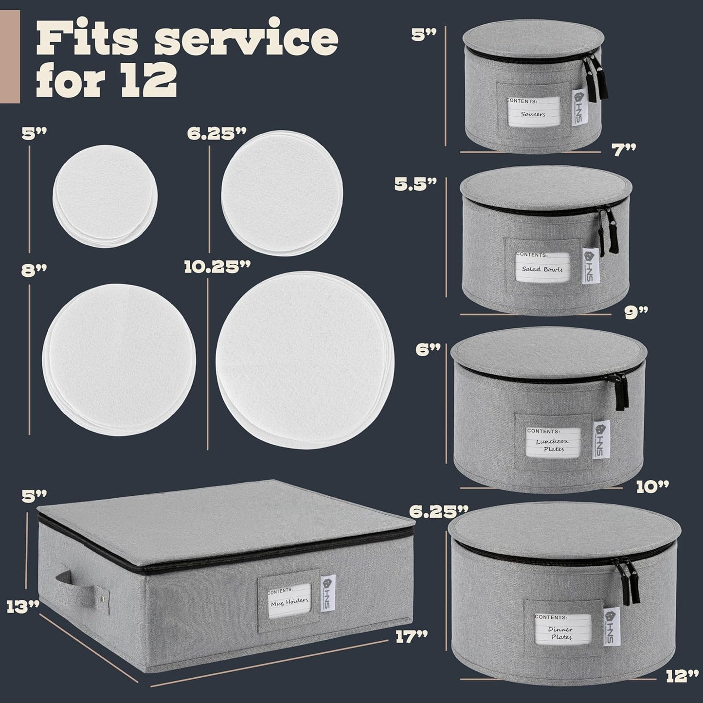 Hard Shell China Storage Containers 5-Piece Set Moving Boxes for Dinnerware, Glasses, Plates, Mugs and Saucers Sturdy Dish Organizer with Dividers for Seasonal Storage - Service for 12 - Gray