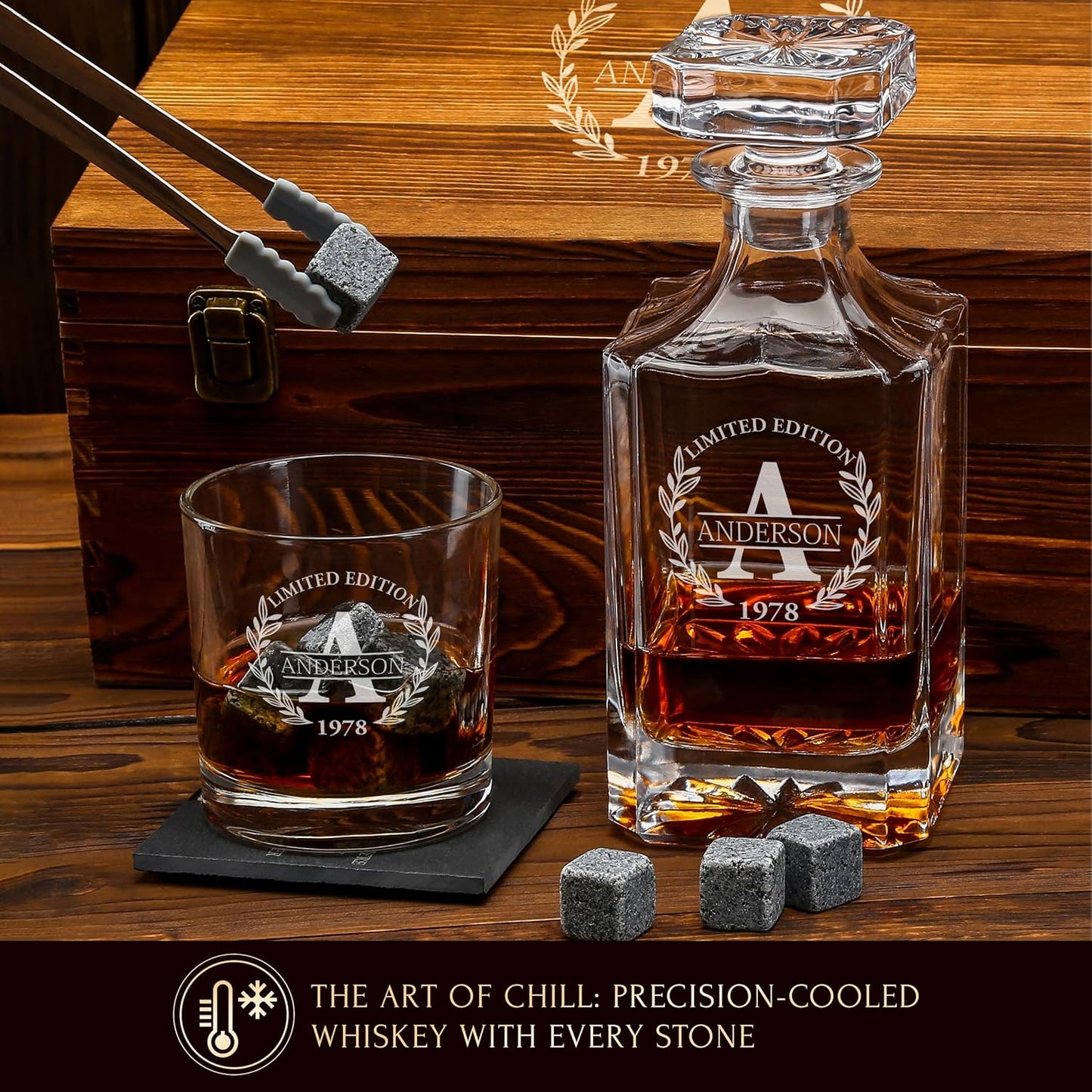 Personalized Whiskey Decanter and Stones Set - Customized Gift for Him - Men, Dad, Father - Engraved Classic Decanter, Glasses, 9 Granite Stones in Container, Coasters, Tongs in Wooden Gift Box