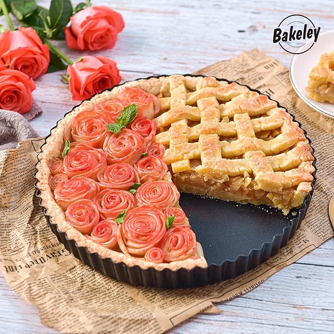 11-Inch Round Tart Pan with Loose Removable Bottom, Non-Stick Carbon Steel Quiche Pan for Oven Baking (Black)