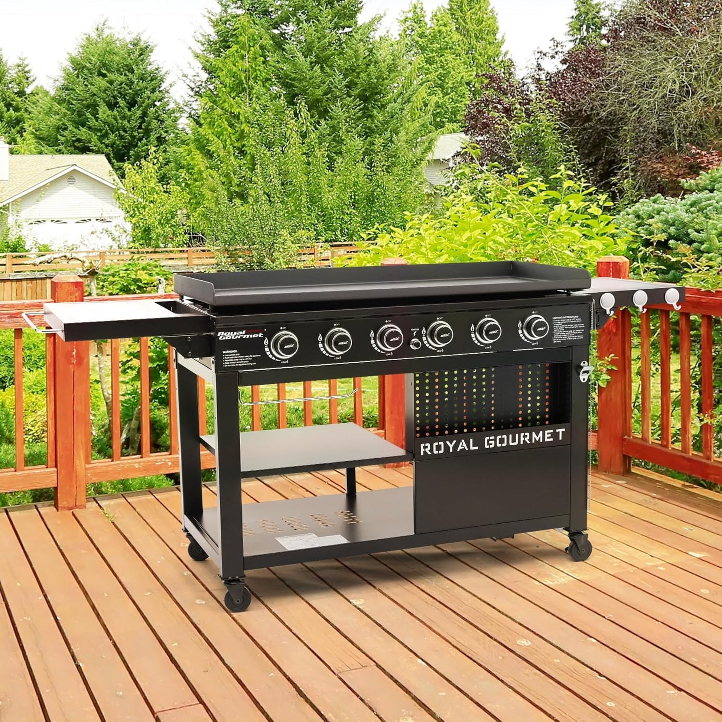 Royal Gourmet GB6000 6 Burner Propane Gas Griddle with Folding Side Tables, 44-Inch Flat Top Grill with Double-Layer Bottom Shelves for Outdoor Party or Backyard Barbecue, Black