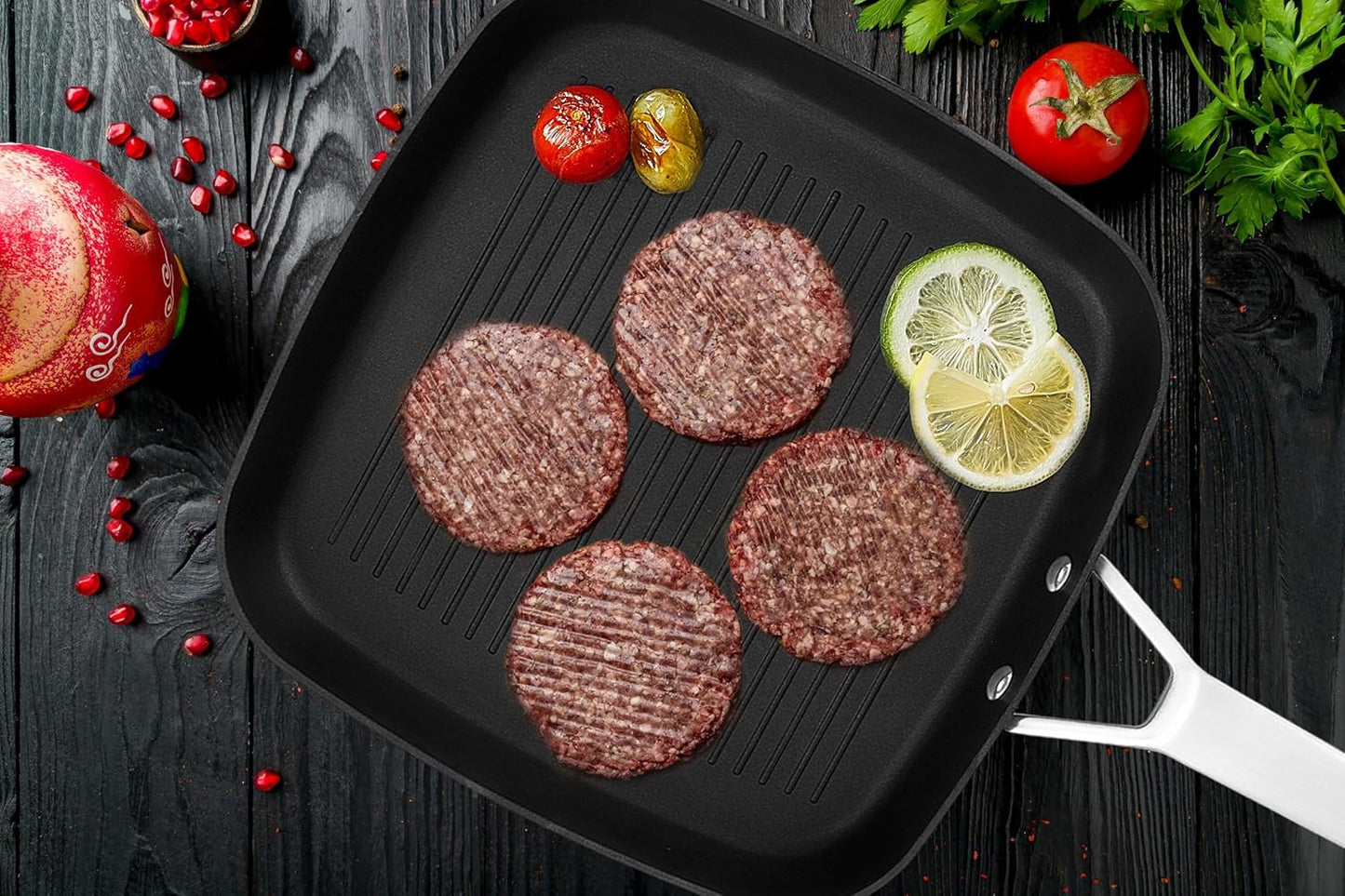 MsMk Square Grill Pan with lid, Stay-Cool Handle, Each Ridge Nonstick, Oven Safe Dishwasher Safe Induction Grill pans for Stove Tops, Square Frying Pan, Bacon Pan, Indoor Chicken Skillet, 11-Inch