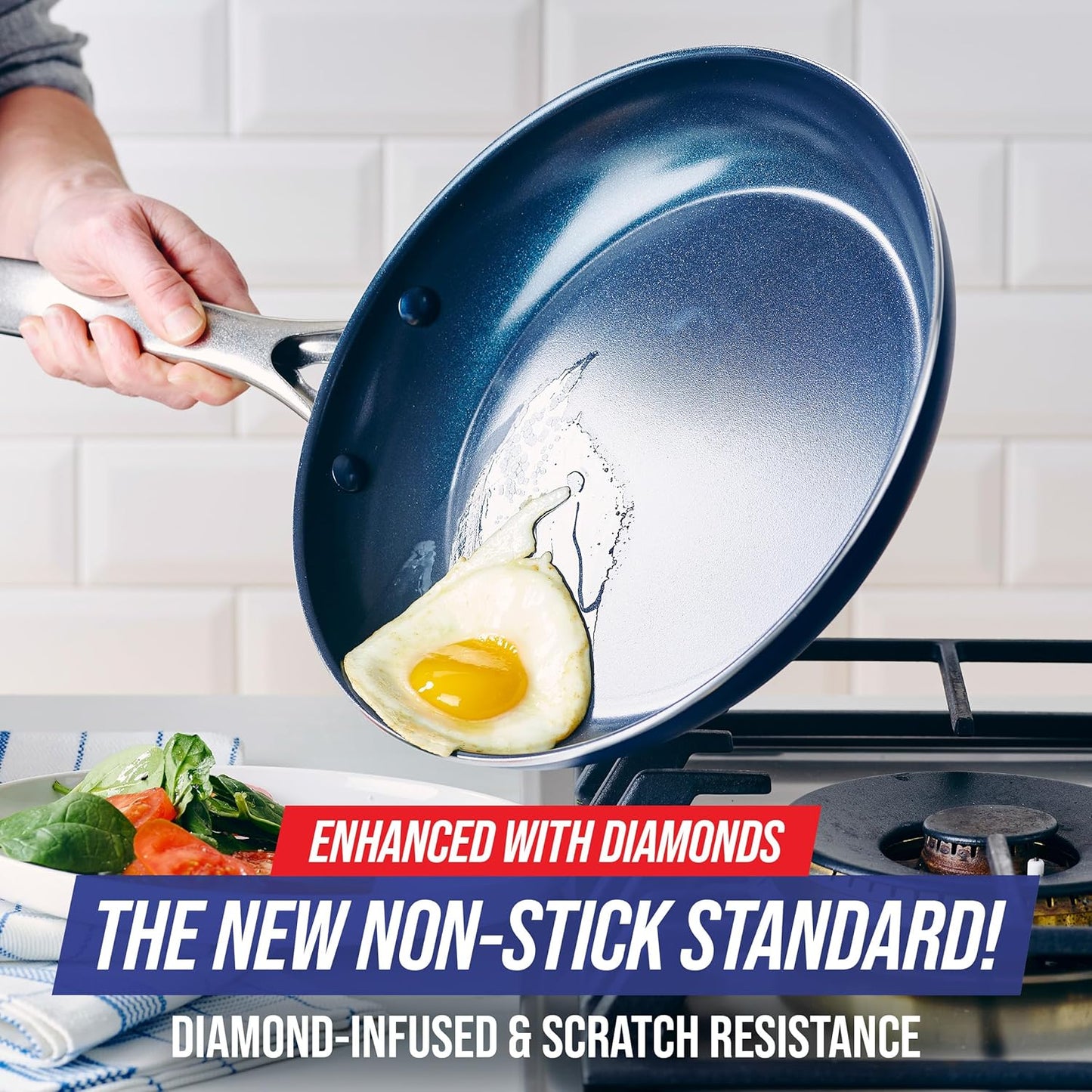 Blue Diamond 8" Nonstick Frying Pan Skillet, Diamond Infused PFAS & PTFE-Free Ceramic Pot, Dishwasher & Oven Safe, Stay Cool Handle, Durable Non Toxic Metal Utensil Safe, Egg & Omelet Pan, Blue