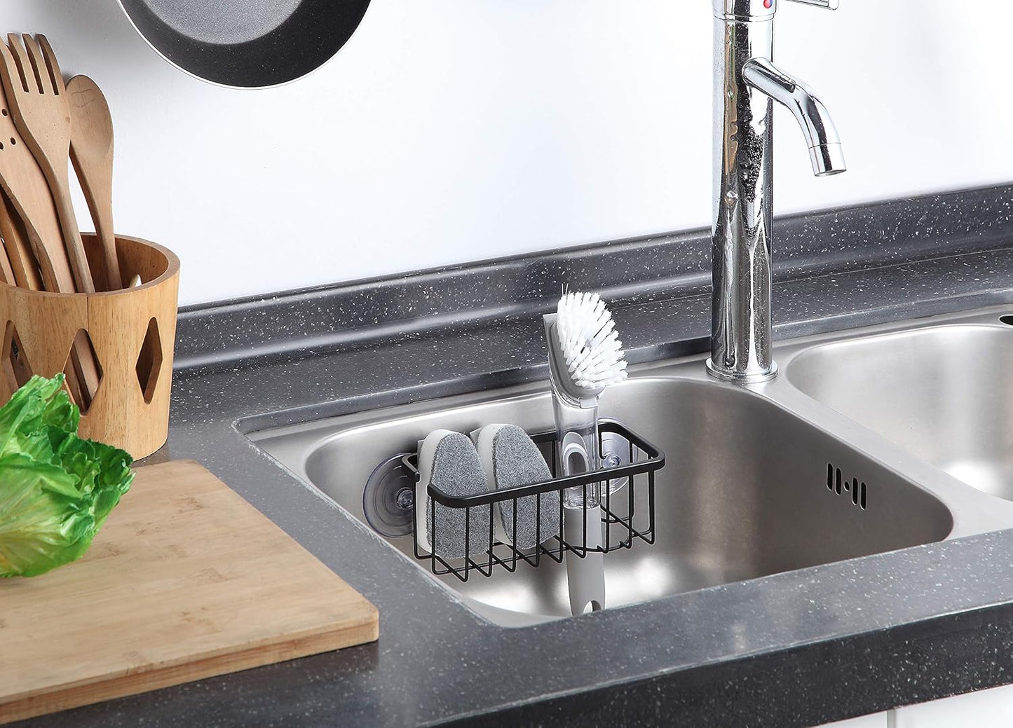 SunnyPoint NeverRust Deluxe Kitchen & Bathroom Sink Sponge Holder Organizer with Adhesive Mount - Additional Suction Cup Included – Sponge & Brush NOT Included – 7.4 x 3.3 x 2.75 Inch, BLK
